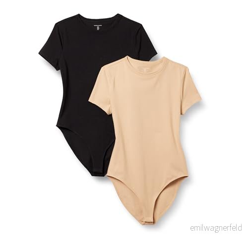 Amazon Essentials kvinnors stretch bomullströja slim fit t shirt kroppsdräkt, 2 pack, svart/ljus kamel, liten 197153036328