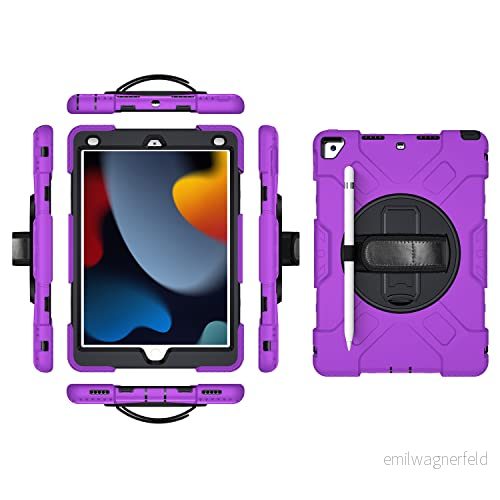iPad 10.2 2019/2020/2021 generationen fodral med skärmskydd pennhållare kickstand 360 vridbar handledsrem stativ robust skyddsfodral (lila) 755985083646