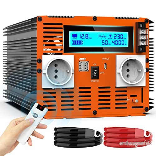 4000W Spänningsomvandlare 12v Till 230v Ren Sinus Växelriktare Power Inverter Med Fjärrkontroll & LED display 2 EU AC uttag Typ C port USB För Bil, Husvagn, Båt, Camping 760701456574