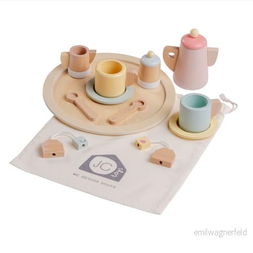JC TOYS Barnteservis, 12 stycken, träuppsättning, barntillbehör, simuleringsspel, inklusive förvaringsväska, perfekt för presenter, + 3 år 43657900057