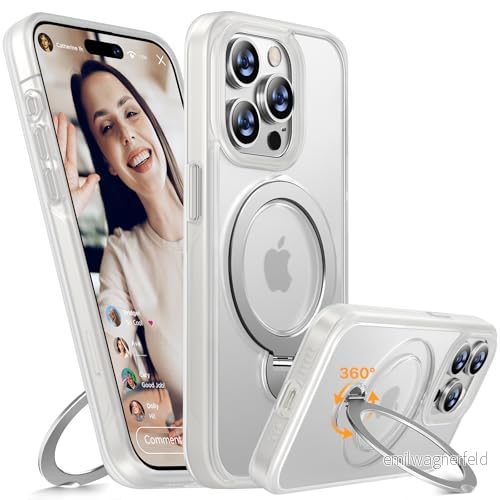 Miracase för iPhone 15 Pro Max fodral: 360 magnetstativ fodral med MagSafe stötsäkert, matt genomskinligt skyddande ringhållare (klarvit) 6949312385433