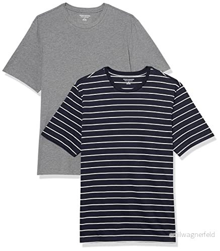Amazon Essentials herr normal passform kortärmad rund hals t shirt, paket med 2, grå ljung/marinblå rand, Large 196433602604