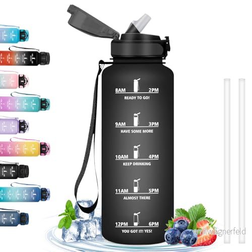 1,5 liter vattenflaska, läckagefri, motiverande vattenflaska med tidsskala, flaska sugrör, lätt att rengöra, för sport, vandring, cykling, fitness, löpning, svart 602397327168