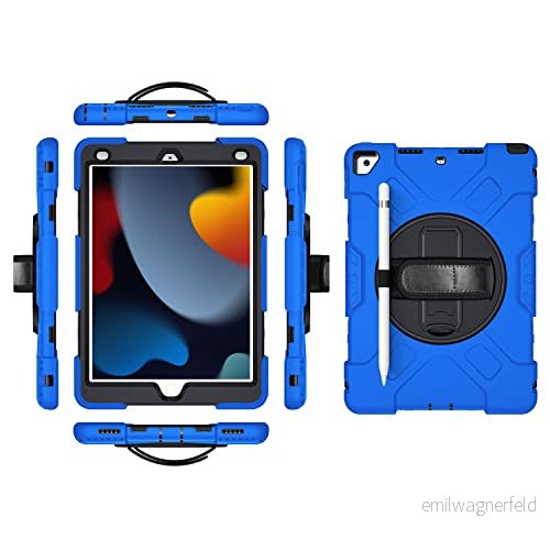 iPad 9,7 2017 2018/Pro9,7/Air2 generation fodral med skärmskydd pennhållare Kickstand 360 vridbar handledsrem robust skyddsfodral (blå) 755985084995