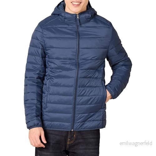 Amazon Essentials lättviktig vattentålig packbar pufferjacka med huva, marinblå, Large, Marinblått Xsp, L 191770680216