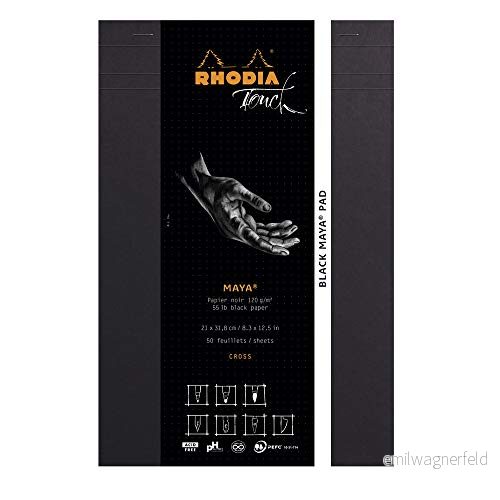 RHODIA TOUCH 116113C Black Maya Pad A4+ New Cross Reglure 50 ark Clairefontaine papper svart 120 g/m för kalligrafi och exakt ritning med penna, Liner, fjäder 3037921161135