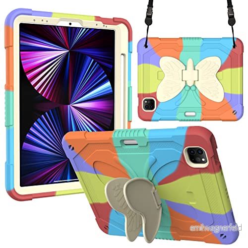 Kompatibel med iPad 8th 10.2 (2020), 3D Heavy Duty Hard Rugged skyddsfodral, tecknad söta fjärilsvingar, stativ, stötsäkert silikonfodral stativ för barn (ljusröd) 755985989504