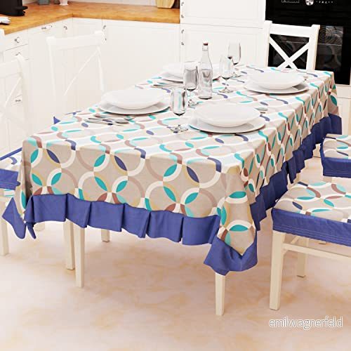 PETTI Artigiani Italienska Duk, Plastifierat Bordsöverdrag med volant, Utomhus Vattentät Bomull Design Circel Blå X12 sits (140 x 240 cm) 100% Made in Italy 5056411141523