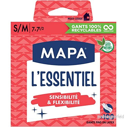 MAPA L'Essentiel fina handskar i pulverlackerat naturligt latex känslighet och flexibilitet låda med 100 storlek S/M, vit 3384129622570