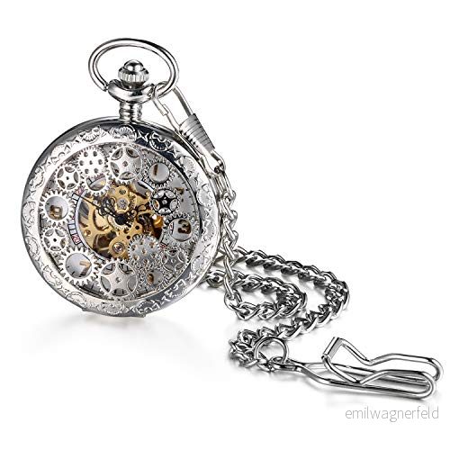 Avaner steampunk retro halv jägare koppar växel skelett hand vind mekanisk romersk/arabisk siffror analog display fickur med 14 tum kedja, SILVER 6971087165132