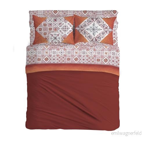 PENSIERI DELICATI set med dubbelsäng 100% bomull, lakan för 180 x 200 underlakan, över och 2 örngott, tillverkad i Italien, mönster röd majolica 8055267615735