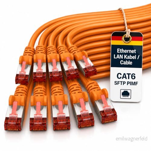 1aTTack.de 7,5 m Cat6 Ethernet kabel Lan Patch Cat 6 kablar Internet Rj45 kontakt 1 Gbit/s SFTP PIMF för strömbrytare, router, modem, dator, spel, TV, patchfields orange 10 stycken 4250344827047