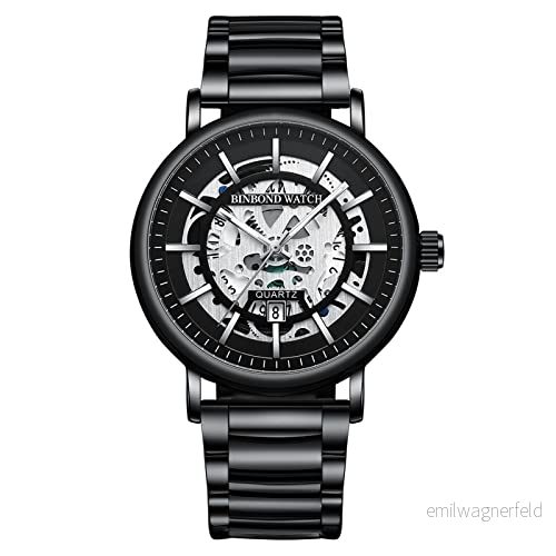 Avaner armbandsur herrklocka med mekanisk urtavla kalender vattentät klocka herrklockor rostfritt stål analog kvartsklocka för män, svart, Armband 6975033408946