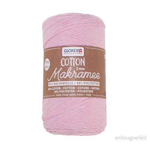 GLOREX 5 1008 30 makramébomull 2 mm, 250 g, rosa, längd 225 m, trippeltvinnat bomullsgarn, 100% bomull, för virkning, stickning, knytning och design 7610877599991