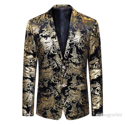 Allthemen Vardaglig blazer för män, paisleymönstrad kostymjacka, jacquardtyg, med smal passform, blommigt tryck, stilig rock, moderiktig jacka, Guld, S 601233018413