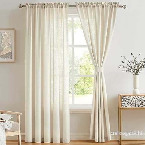 Melodieux 2 paneler falskt linne voile nätgardiner halvgenomskinliga stång fickgardiner för sovrum, vardagsrum, fönster beige, 140 x 137 cm fall (140 cm) 791360397939