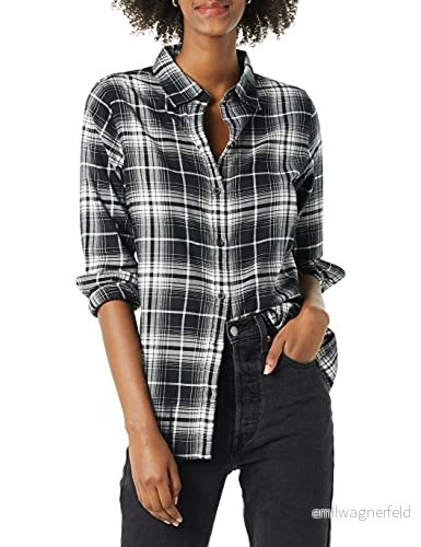Amazon Essentials Women's Långärmad lätt rutig flanellskjorta klassisk passform, Svart Vit Stora rutor, XL 195111726434