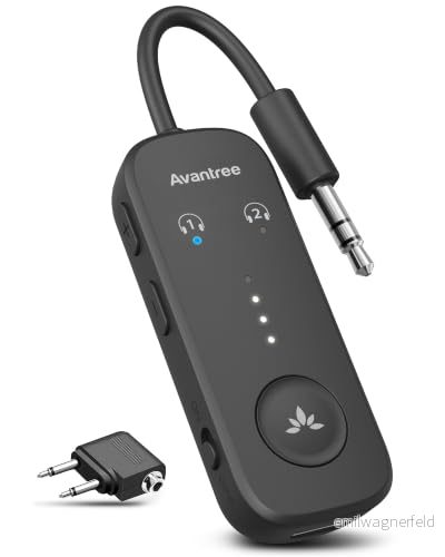 Avantree Relay Premium Airplane Bluetooth 5.3 adapter för alla hörlurar, aptX låg latens, stöder 2 hörlurar eller AirPods, trådlös ljudsändare flygning, TV, gym, surfplattor (svart) 6945624904362