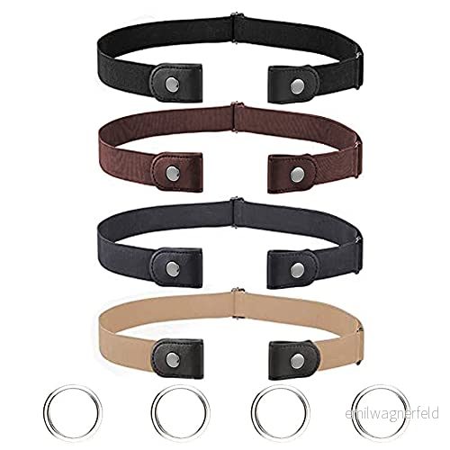 4 stycken elastiskt bälte utan spänne osynligt för kvinnor/män fritt stretch jeans byxor klänning justerbart unisex inget spänne, A-svart + brun marin khaki, 9331397501308
