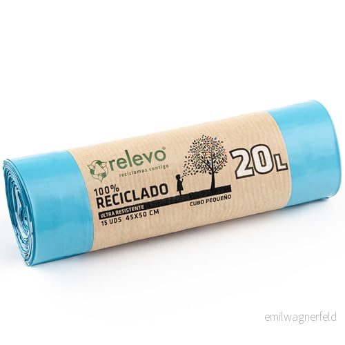 Relevo soppåsar med handtag, 100% återvunna, mycket motståndskraftiga 20 liter, 15 stycken 8411081131354