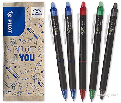 Pilot Set om 5 Frixion Point Clicker, kulspetspennor 0,5 mm, raderbart värmekänsligt bläck, 2 x blåa, 1 svart, röd, grön, kulspetspenna med fin spets, kan fyllas på, magisk penna 3131910582779