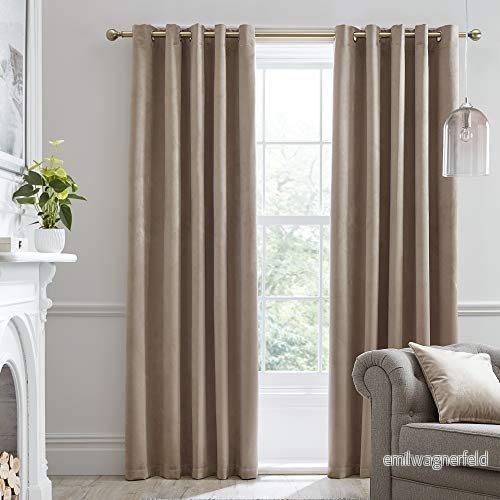 Laurence Llewelyn Bowen Montrose brun beige mörkläggning, B 46 x L 54 (117 137 cm), gräddfärgad sammet vardagsrum och sovrum, brungrå termiska/öljettgardiner, tyg 5055161665822