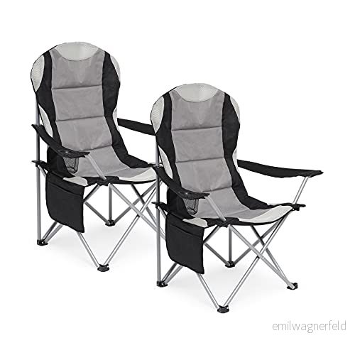 Mondeer Campingstolar set med 2, vadderade hopfällbara stolar hög rygg mugghållare och sidofickor för camping fiskepicknick, upp till 120 kg, mörkgrå 4260755874233