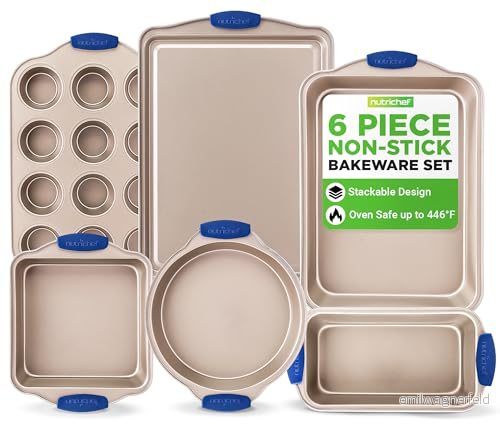 Köksugn bakformar deluxe nonstick guldbeläggning inuti och utomhus kolstål bakredskap set med blå silikonhandtag, hållbar pålitlig kaka muffinsark ugnspanna stil 842893142913