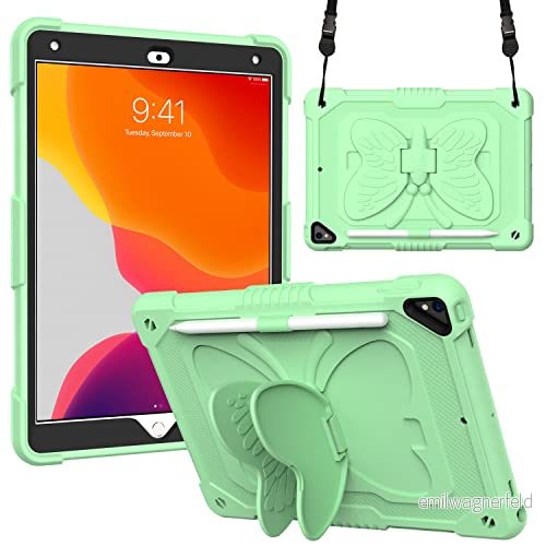 Kompatibel med iPad Air5 10,9 (2022), 3D Heavy Duty Hard Rugged skyddsfodral, tecknad söt fjärilsvingar, stativ, stötsäkert silikonfodral stativ för barn (grön) 755985988484