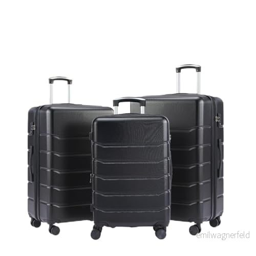 3 stycken bagageuppsättningar, expanderbart lätt hårt fodral med spinnhjul, TSA lås, teleskopiskt handtag och ABS hållbart material, 50 cm/50 cm/60 cm, svart, Mode 765003769155