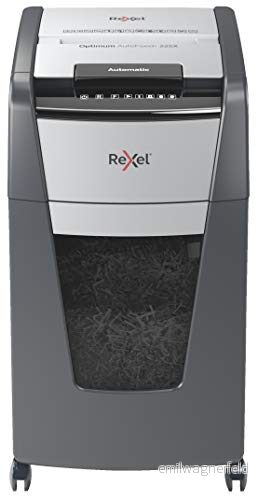 Rexel Optimum AutoFeed+ 225 x automatisk dokumentförstörare, ark automatisk, säkerhetsnivå P4, partikelskärning, för kontor och avdelningar, 60 l avfallsbehållare, m. Strömkontakt CH 20225XCH 5028252614054