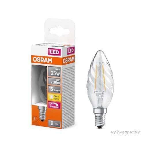 OSRAM LED Superstar Classic lampa med glödtråd i klassisk tvinnad miniljusform, klart blyfritt glas, 2,8 W, 250 lm, varmvitt ljus (2700 K), E 14 sockel, 35mm DM, 6 pack 4058075839830