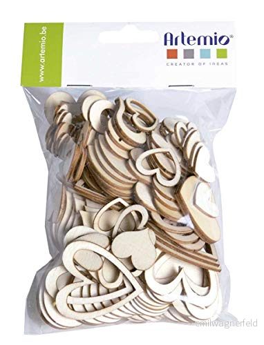 Artemio 14002088 set med 129 hjärtan dekoration, trä, beige, 13,5 x 1,5 19,5 cm 5414135044009