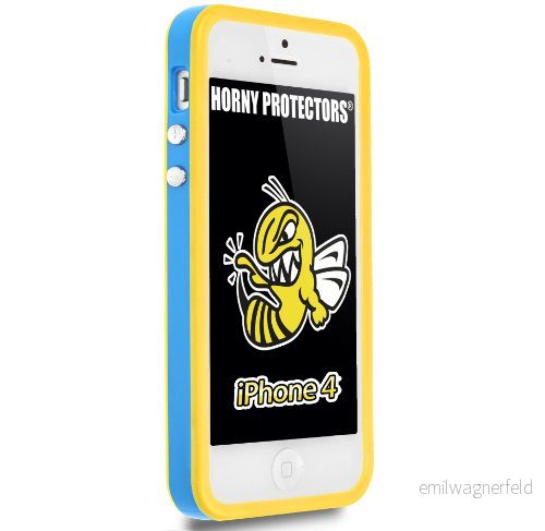 Horny Protector Bumper för Apple iPhone 4 blå/gul med metallknapp 4250558603284