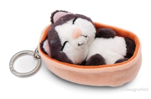 NICI Nyckelhållare sovande husdjur Katt svart 8 cm korg persika ljus Hållbar följeslagare i form av en gosedjursnyckelring för nyckelband, väska, ryggsäck och mycket mer 4012390499865