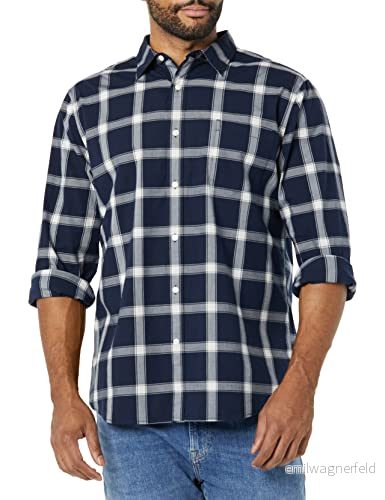 Amazon Essentials Herr långärmad smal passform stretch poplin skjorta, marinblå vit buffel pläd, Small 196433227043