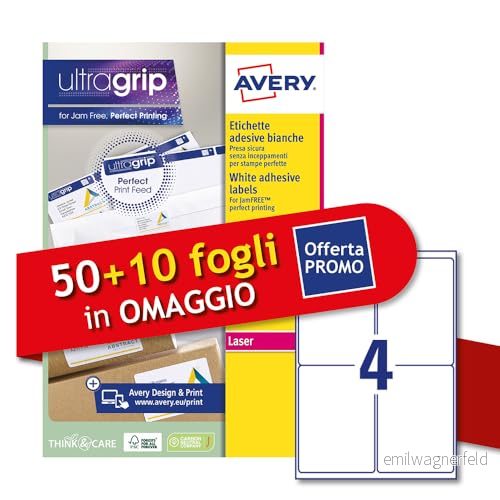 Avery Italia L7169 60P självhäftande etiketter i vitpapper, 50 + 10 extra ark, rektangulära ark 99,1 x 139 mm, 4 per permanent lim, laserskrivare 8007827215589