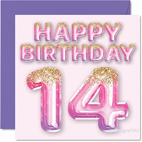 14:e födelsedagskort för flickor rosa och lila glitterballonger grattis på 14 årig flicka dotter syster barnbarn kusin, 145 mm x fjorton fjortonde gratulationskort present 5059575960856