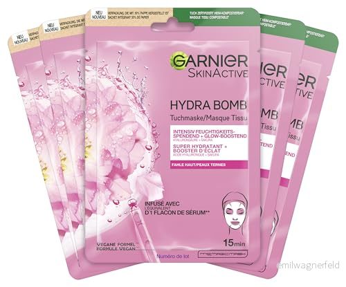 Garnier tygmask, ansiktsmask för blek hud, lysande boostande och fuktgivande, med hyaluronsyra sakura Hydra Bomb, 5 x 28 g 4049700222370