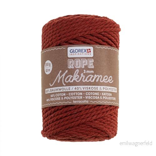 GLOREX 5 1007 32 makramérep 3 mm, 250 g, terrakotta, längd 63 m, vridbart, supermjukt textilgarn av 60% bomull, 40% viskos, för virkning, stickning, knytning och textildesign 7610877599687