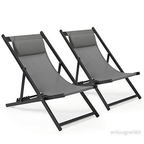 Mondeer solstol set om 2, vikbar med nackstöd och justerbart ryggstöd för trädgård pool terrass, lastkapacitet 130 kg, B 104 x D58 H 95 cm, mörkgrå 4262371484278