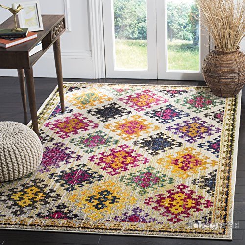 Safavieh Boho Chic inomhus vävd rektangel områdesmatta, Monaco Collection, MNC244, i elfenben/multi, 122 x 183 cm för vardagsrum, sovrum eller alla inomhusutrymmen 889048435841