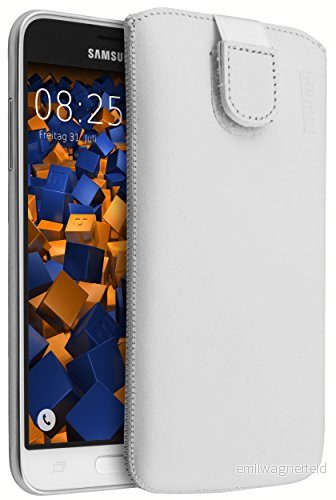 mumbi Äkta läderfodral Samsung Galaxy J3 (2016) väska läder fodral vitt (flik med dragningsfunktion utdragbar hjälp) 4251077245047