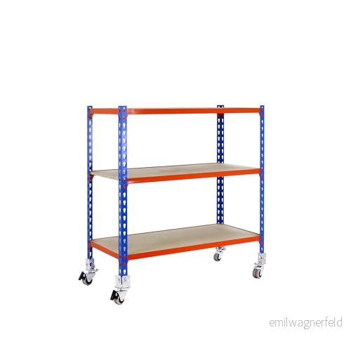Simon Rack Förvaringshylla med Hjul, 4 Hyllplan, 1575x1000x300 mm Garagehylla i Blå/Galvaniserad, 75 kg Belastning per Hyllplan B40 8435104954201