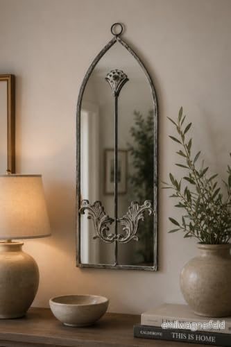 MirrorOutlet Arcus betongfärg inramad modern välvd väggspegel 24 tum x 8 (60 cm 20 cm) silver spegelglas med svart stöd för alla väder. 5055781854484