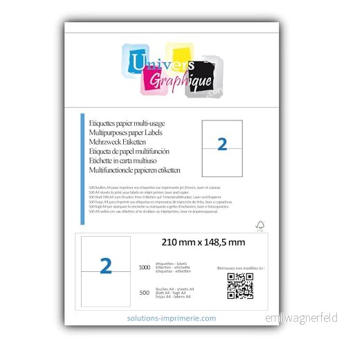 1 000 självhäftande etiketter 210 x 148,5 mm antingen 500 A4 ark bräda med 2 A5 Ref UNIVERS GRAPHIQUE UGCMO1 etikett, Colissimo Kiala World Relay paket 3663575330018