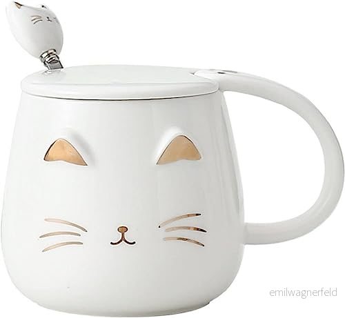 lachineuse Kawaii kattmugg 450 ml med lock och sked vit guld keramisk färg kaffe te infusionsmugg original japansk mugg presentidé Japan asiatisk kattunge söt 3700512430995