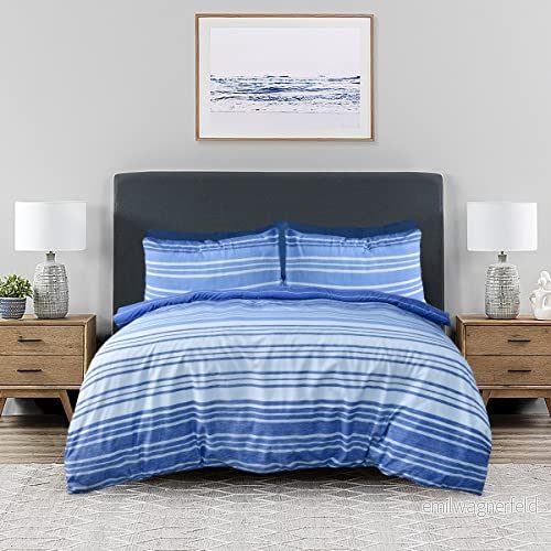 Sleepdown texturerad rand marinblå vit mjuk lättskött mysigt vändbart påslakan täcke sängkläder set med örngott super kung (260 cm x 220 cm) 5056242890065