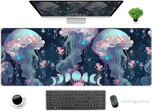 Anime Jellyfish Desk Mat Neon Blue XL Large Extended Gaming Mouse Pad Cute Ocean Moon Mats Computer Laptop Keyboard 31.5x11.8 in, Desktop Protector for Women with Stitched Edges 740087261900