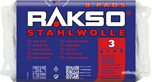 RAKSO Grov stålull 3, förstärkt naturlig ådring av trä, renar glas, kvinnor gammal lack, färg, 8 kuddar 200 g 4003364103802